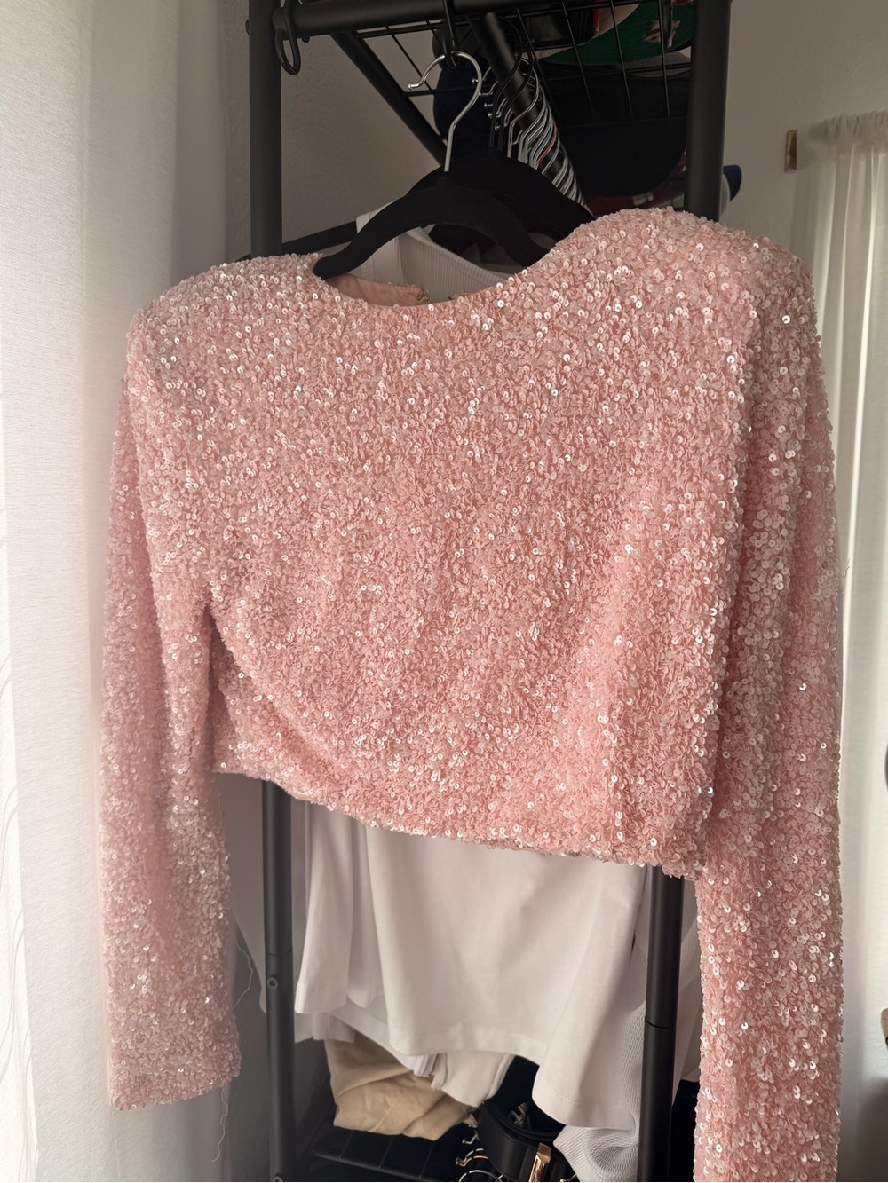 Retrofete Pink Sequin Long-Sleeve Crop Top